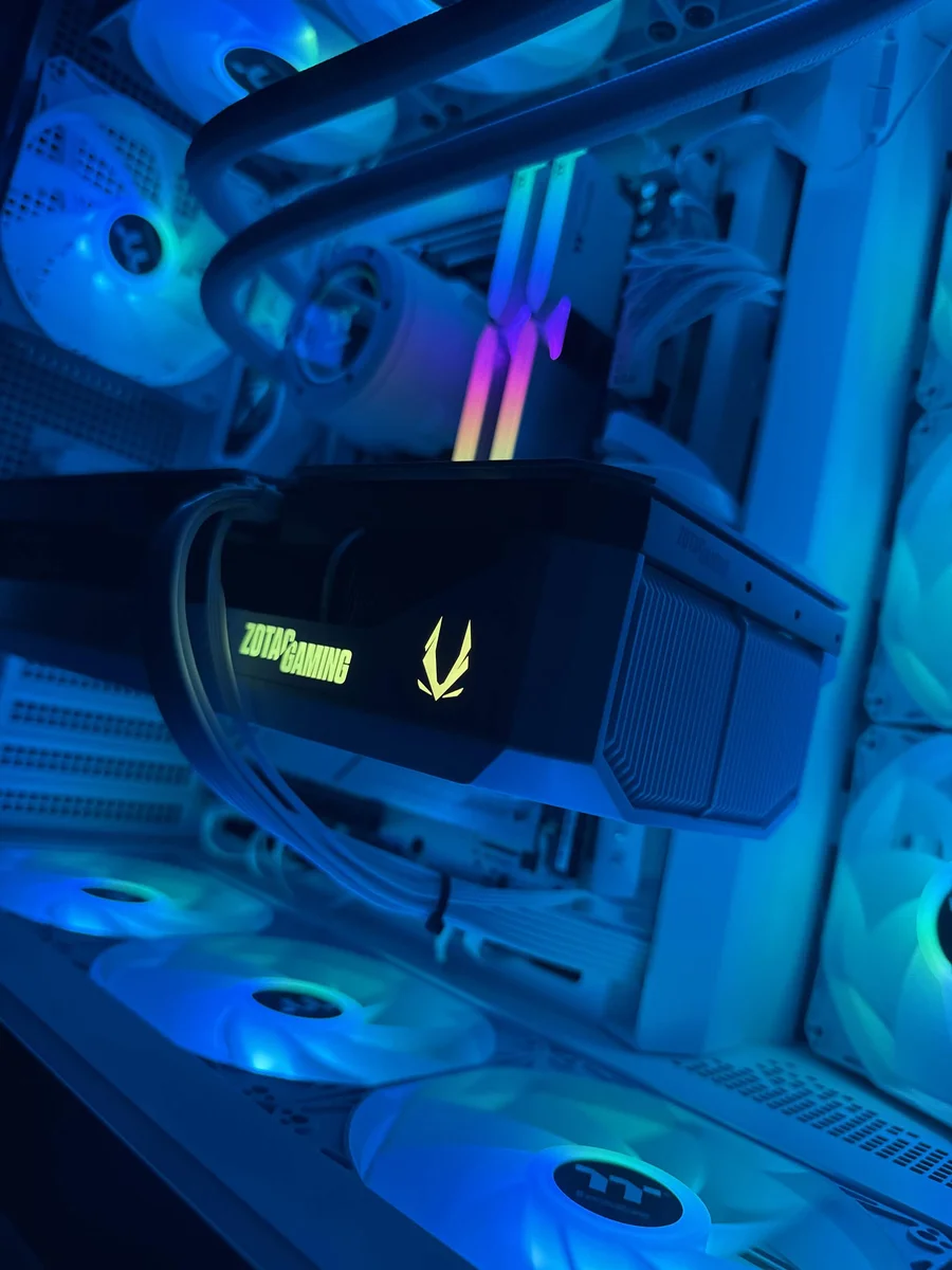 Close-up detail of a client PC build, GPU and RGB fans