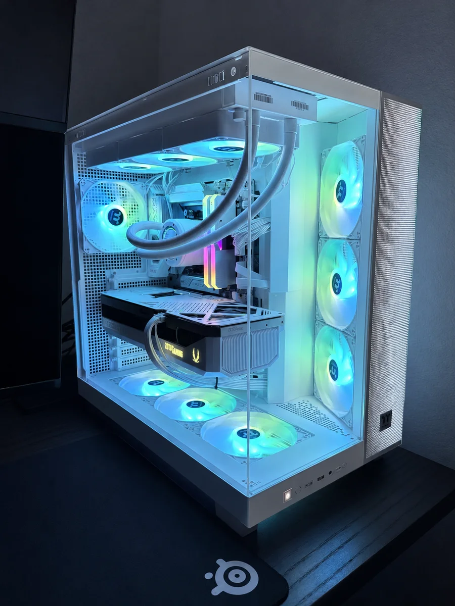 White tower build with teal and blue loop lighting, nicknamed Arctic Bloom