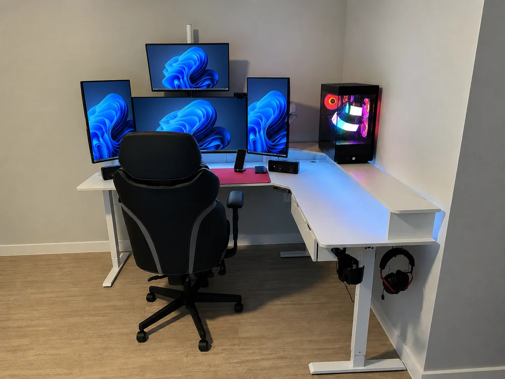 Four-monitor L-shaped desk setup with RGB PC case