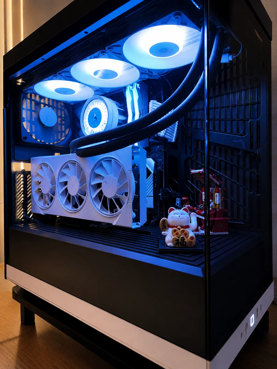 Black and blue build with lucky cat figurine, nicknamed Fortune