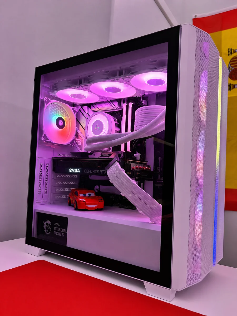 Pink and purple ATX build with custom figurine, nicknamed Rayo