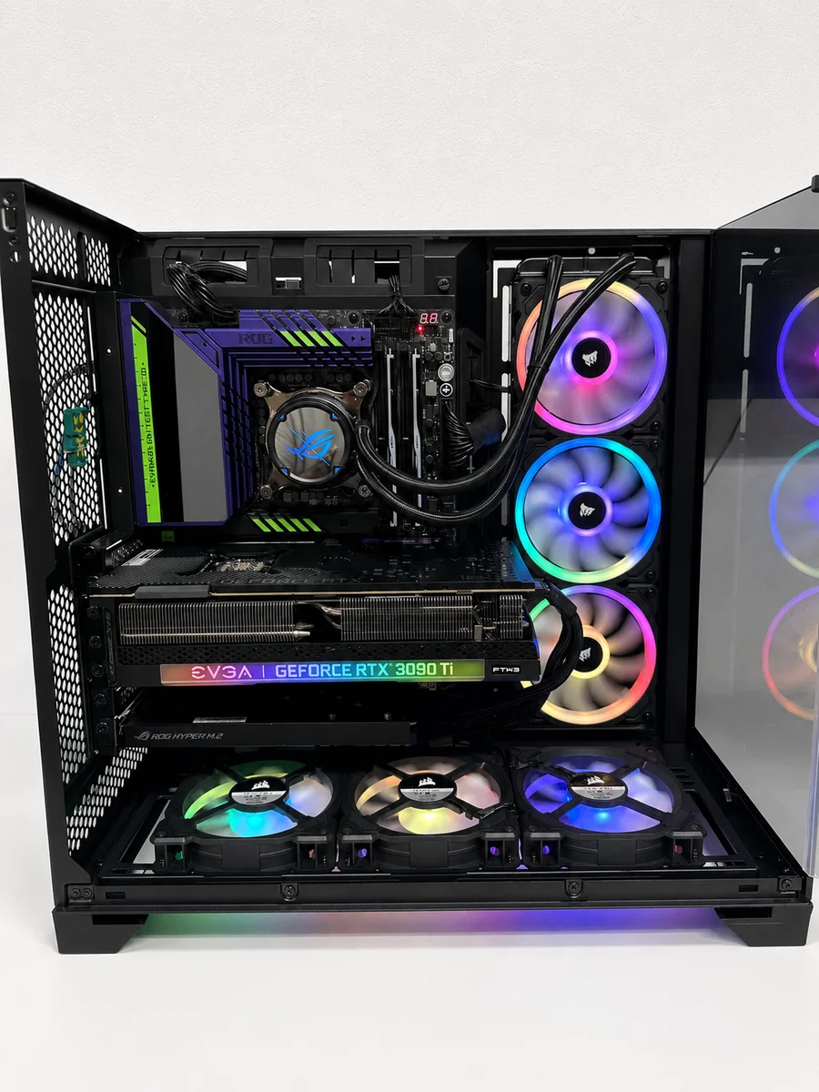 Black ATX open-panel build with full RGB spectrum lighting, nicknamed Prism